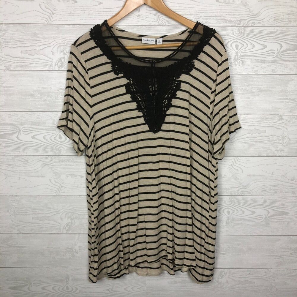 Kim Rogers Curvy Women's Striped Lace Neck Short Sleeve Shirt Tan Black Size 2X